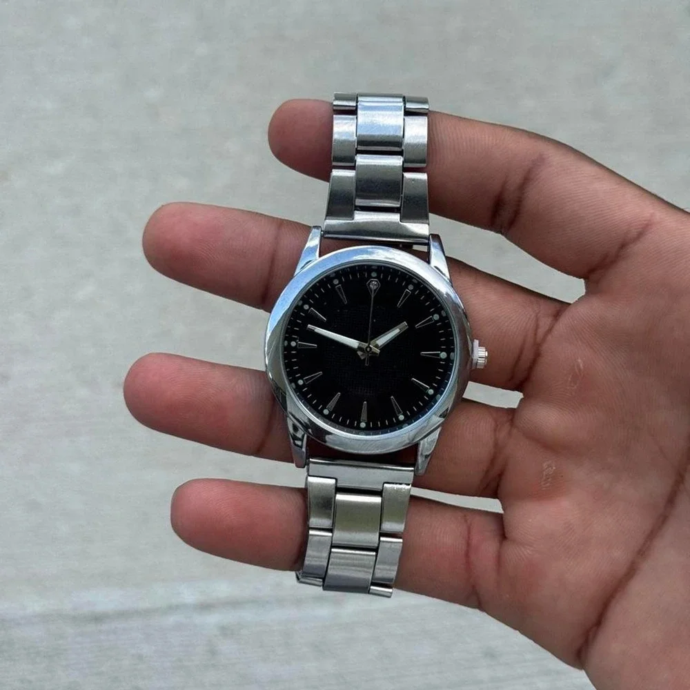 Silver Black Dial Watch Men Streetwear Y2K Accessory Silver Band 8 Inch Wrist